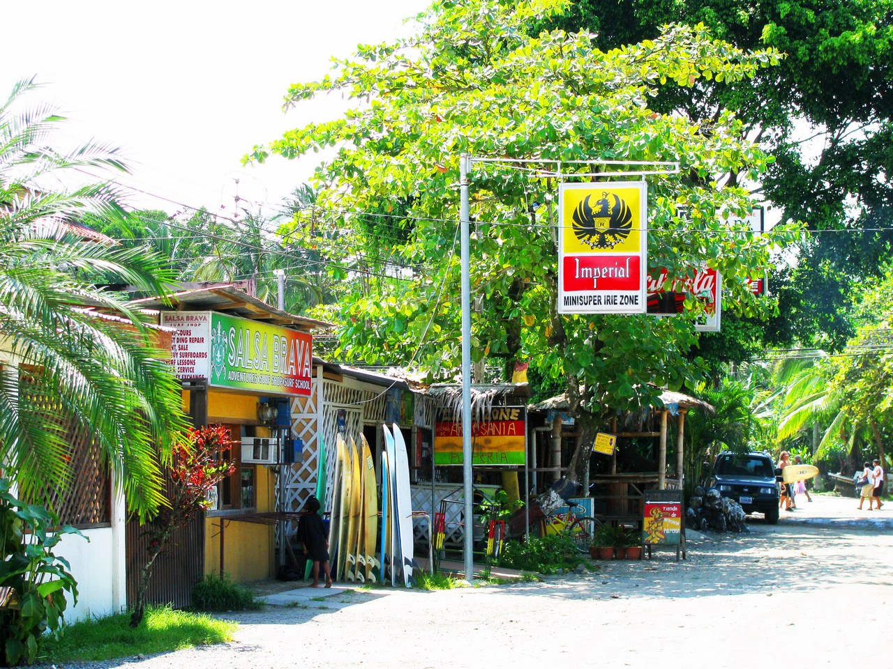 Puerto Viejo Caribbean town street with local shops and relaxed tropical atmosphere in Costa Rica